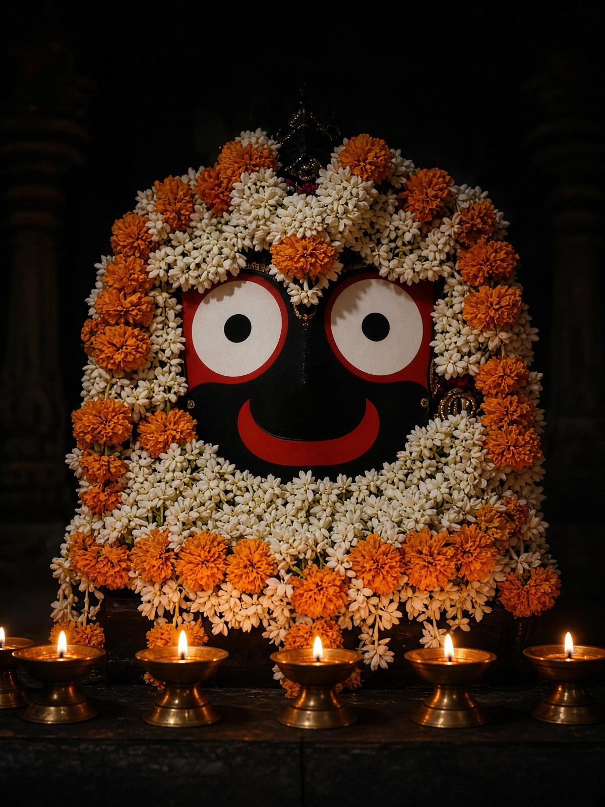 Night study of Jagannath under jasmine and marigold, eyes left clear.