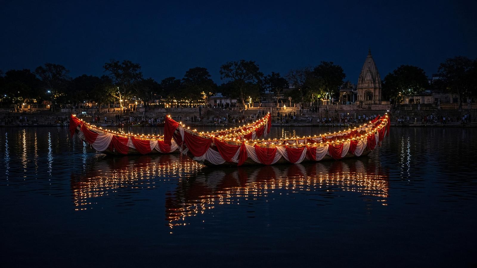 Lamp-lit boats on Narendra tank at night, Chandan Yatra.