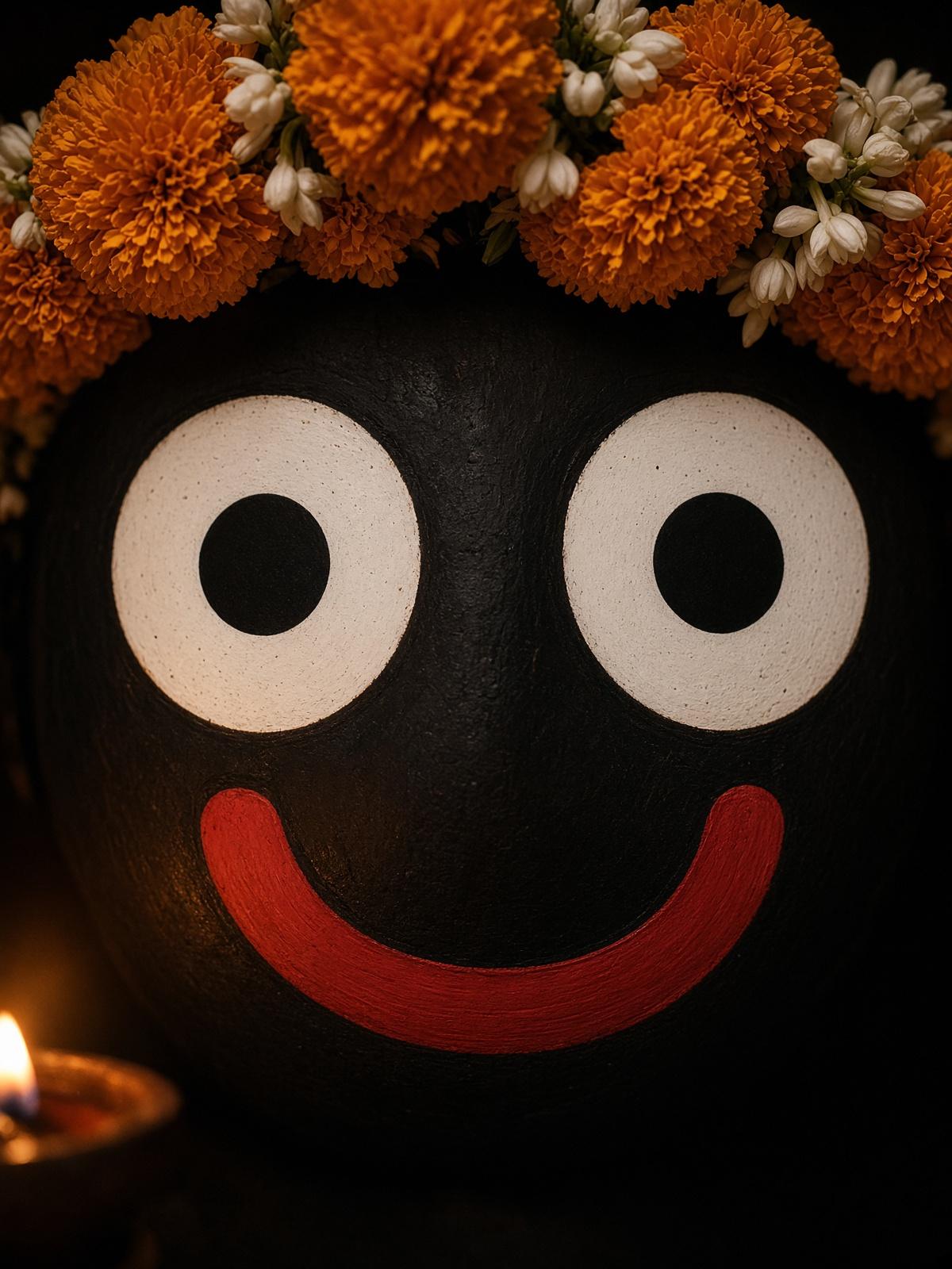 Study of Lord Jagannath: black face, great circular eyes, a crown of marigold and jasmine.