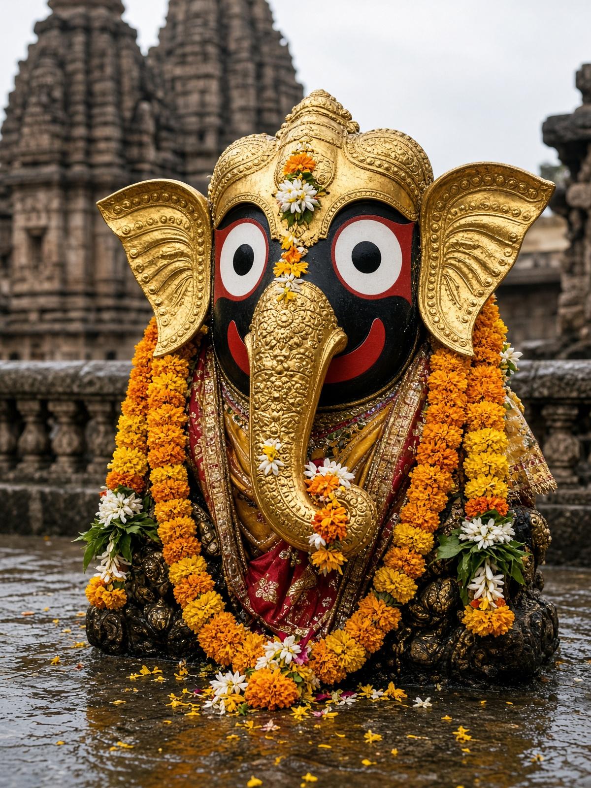 Gajanana Besha: an elephant hood of gold and flowers, the round eyes still visible.