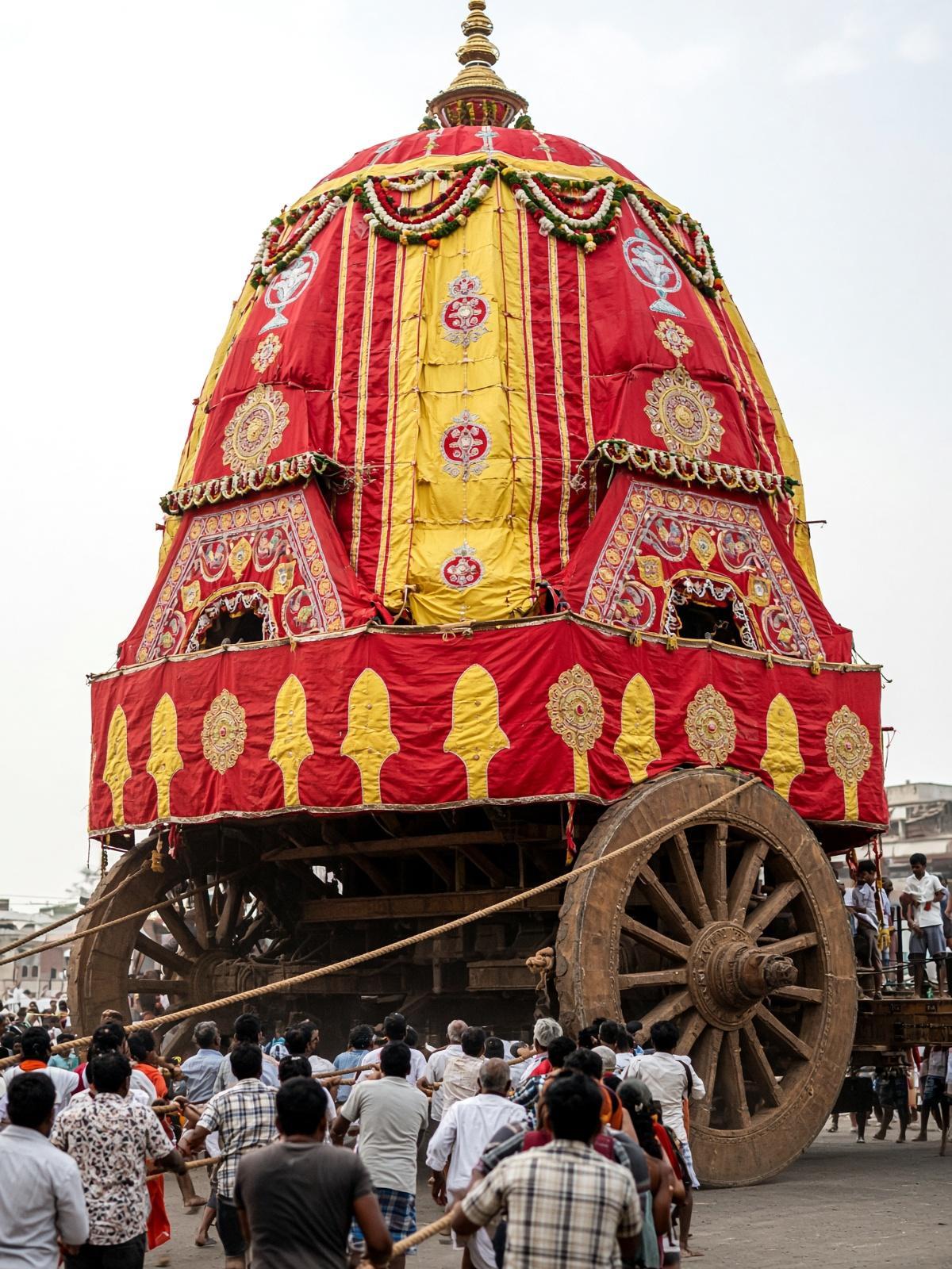 Nandighosha, the red and yellow chariot, with devotees at the ropes.