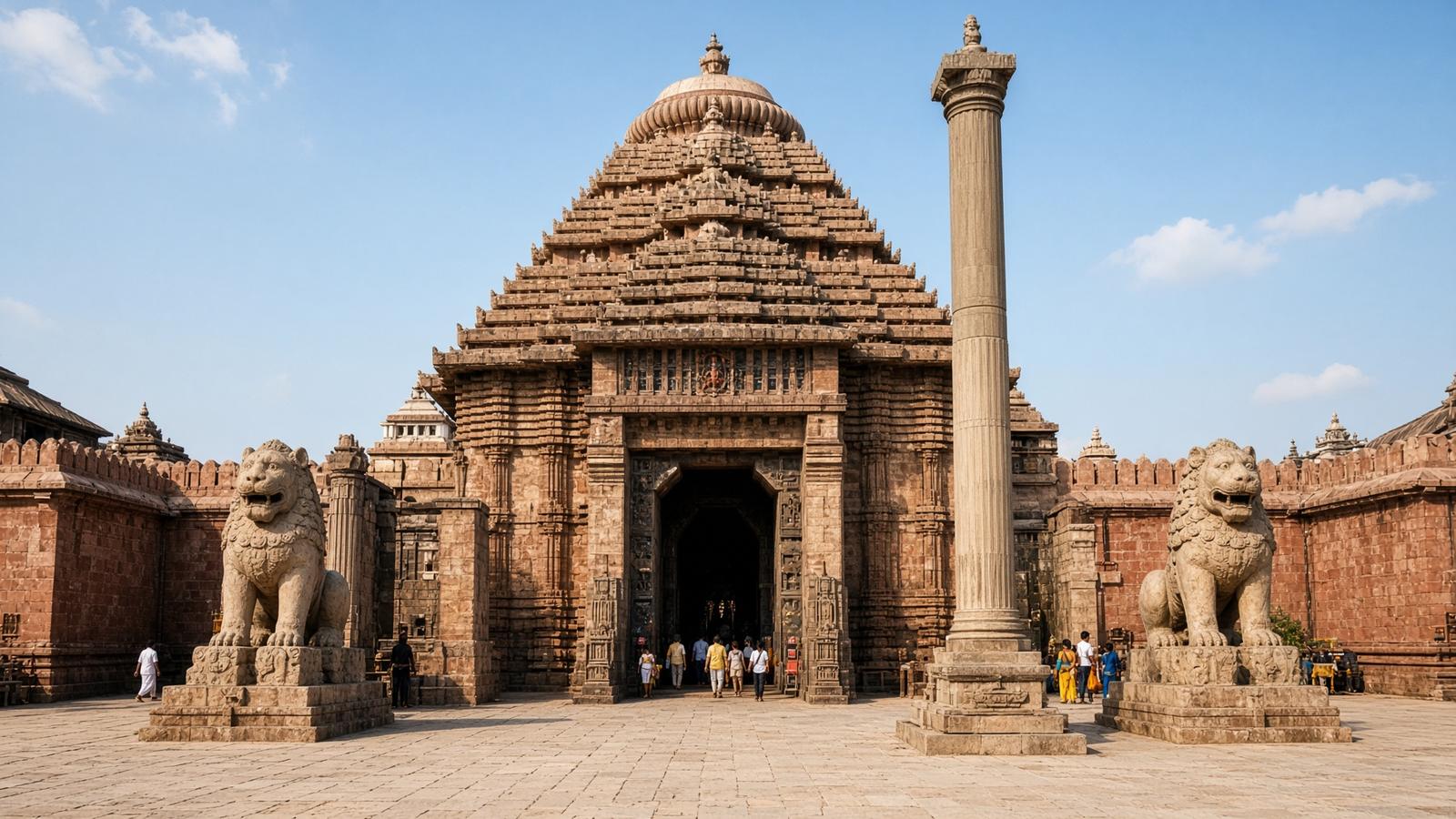 The lion gate in festival dress, guardian lions and the pillar before it.