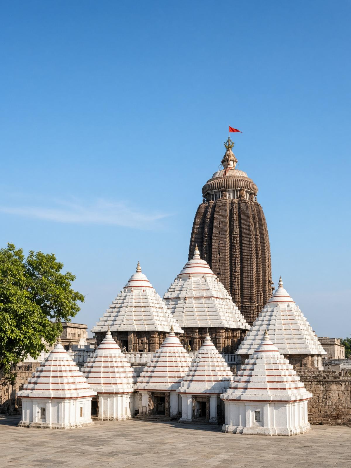 The white shrines and the dark deula in morning light.