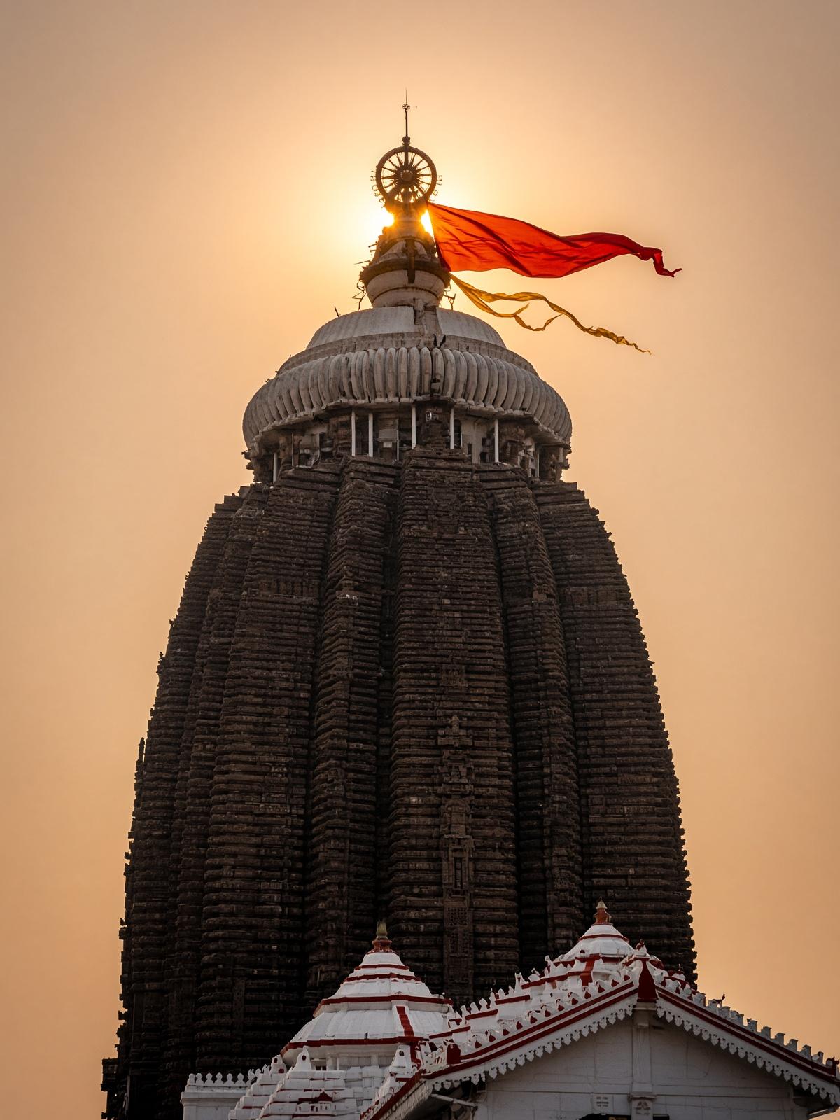 The dark rekha deula of Shree Mandira at sunset, Patitapavana flying from the Neela Chakra.